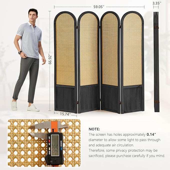 Asnefeli Room Divider 4 Panels, Folding Privacy Screen, Foldable Wood Rattan Room Divider Panel, Portable Partition Screen, Wall Divider for Room Separation Bedroom Home Office Garden Terrace (Black)