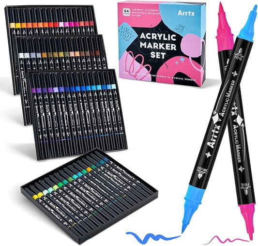 Arrtx Acrylic Paint Markers 64 Colors, Dual Tip Acrylic Paint Pens with Fine Tip and Brush Tip, Art Supplies for Rock Painting, Wood, Ceramic, Fabric, Glass, Card Making, DIY Crafts