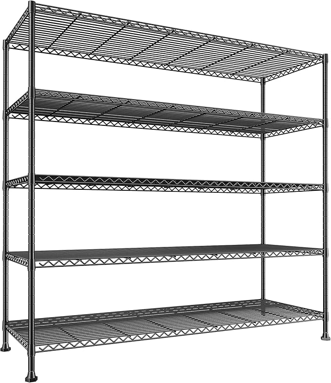 REIBII 45.8“W Metal Shelving Storage Shelves, 5-Tier Wire Shelving Unit,Heavy Duty Garage Shelving, Adjustable Storage Rack for Pantry Kitchen Dining Room Restaurant Supermarket Commercial Black
