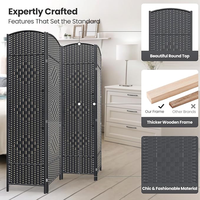Cocosica 4 Panel Room Divider,6Ft Folding Privacy Screen,Tall - Extra Wide Foldable Panel Partition Wall Divider with Diamond Double-Weaved Hand-Woven Design Room Screen Divider