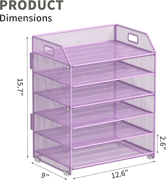 6 Tier Desk Organizer, Heavy-Duty Thick Metal Letter Tray Organizer, Large Capacity Desktop File Organizer for Heavy Files, Easy to Assemble for Home, Office & Classroom,Black,Purple