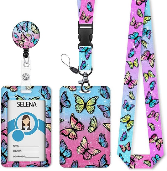 Lanyards for ID Badges Name Tags ID Card Holder, ID Badge Holder with Breakaway Lanyard, Cute Badge Reel Badge Clip Retractable, Women Teacher Nurse Student School Office Gift, Butterfly Design