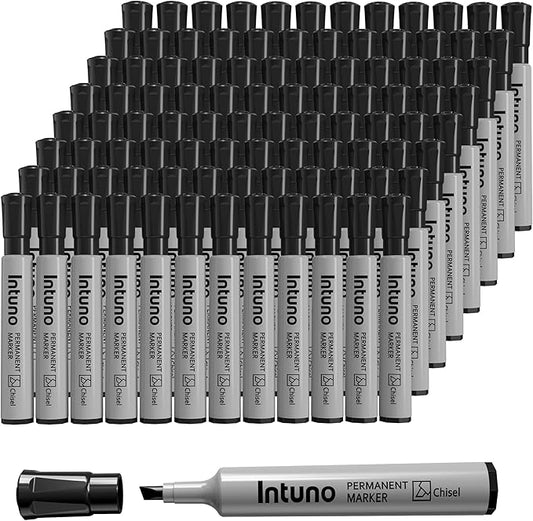 INTUNO Permanent Markers, 96 Count Black, Chisel tip, Oil-Based Permanent Markers, Waterproof and Fade-Resistant, for Paper, Wood, Metal, Glass and More