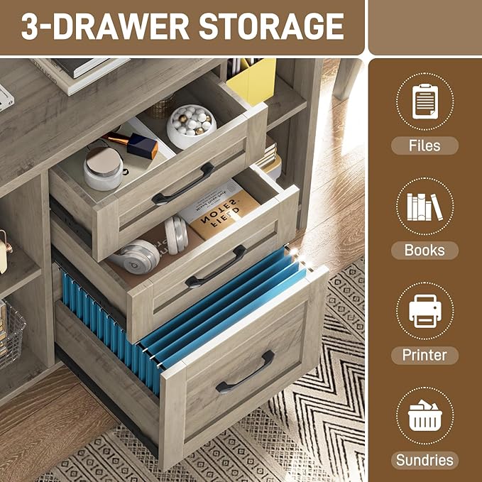 Vabches File Cabinet with 3 Drawers, Farmhouse Lateral File Cabinet Fits Files Letter/A4 Size, Wooden Filing Cabinet with Adjustable Shelves Printer Stand for Home Office, Grey