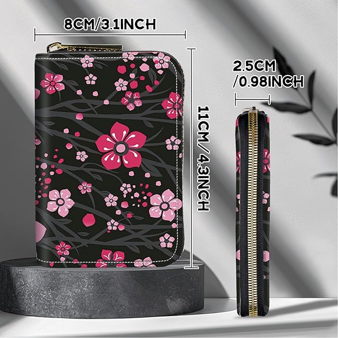 BWEGRHE Cute Credit Card Holder with Zipper, Pink Cherry Blossom RFID-Blocking Card Case Small Wallet for Women Men, Multi-slot Card Organizer Case Travel Accordion Wallet