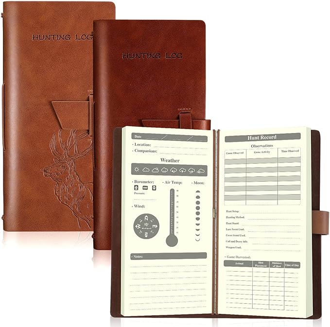 Eaasty 2 Pcs Leather Hunting Log Book Elk Hunting Journal Notebook for Men Designed for Huntsman to Record Hunt Details for Dad Husband Father's Day Birthday Gift, 96 Pages(Tan, Reddish Brown)