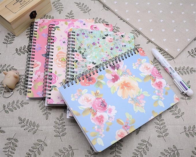 Yansanido Spiral Notebook, 4 Pcs A5 Thick Flower Design Hardcover 8mm Ruled 4 Color 80 Sheets -160 Pages Journals for Study and Notes (flower)