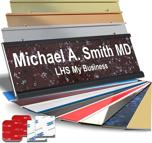 Custom Name Plate with Choice of Mounting for Walls, Doors, Cubicles, Hanging and More - Personalized Canberry Marble Plastic White Letters - USA Made 2x12 - S5
