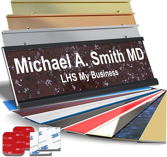 Custom Name Plate with Choice of Mounting for Walls, Doors, Cubicles, Hanging and More - Personalized Canberry Marble Plastic White Letters - USA Made 2x10 - S5