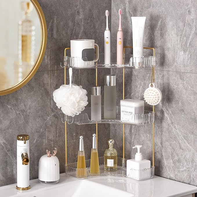 Trdongxu 3-Tier Corner Bathroom Organizer Countertop with Hooks, Bathroom Sink Corner Vanity Storage for Makeup, Skincare and Perfume (White Gold)