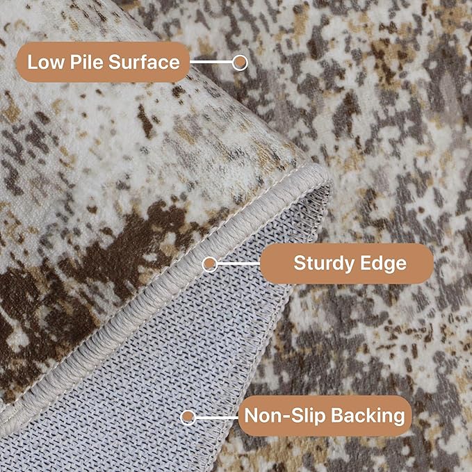GENIMO Washable Area Rugs for Living Room, 8x10 Vintage Non Slip Rugs, Low Pile Lightweight Soft Print Rug for Bedroom, Dining Room, Home Office, Faded Brown