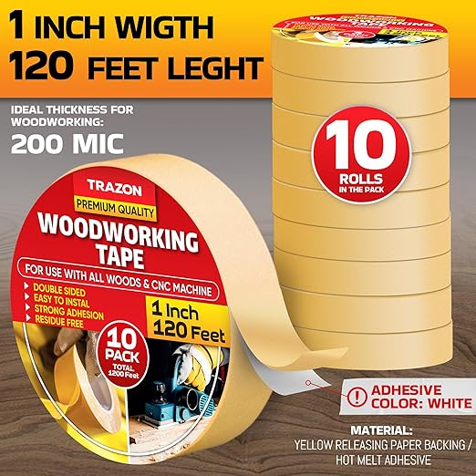 Trazon Double Sided Woodworking Tape Super Strong, 10 Pack, 1 Inch x 120 Feet, Wood Crafter Sticky Tool, Two Side Adhesive for Router Templates and CNC Machine, Removable & Residue Free