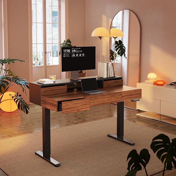 HUANUO Standing Desk with Drawers, 48 Inches Electric Height Adjustable Desk with Storage, Whole-Piece Board Sit Stand Up Desk with Monitor Shelf, Black Walnut