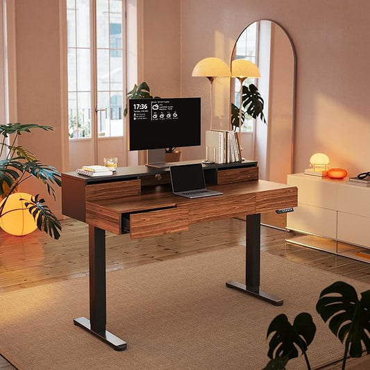 HUANUO Standing Desk with Drawers, 48 Inches Electric Height Adjustable Desk with Storage, Whole-Piece Board Sit Stand Up Desk with Monitor Shelf, Black Walnut