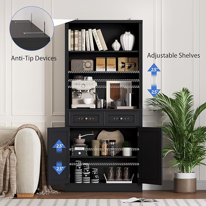 BORNOON 71.4" Tall Bookshelf with Drawers & Cabinet, 5-Tier Floor Standing Bookcase with Storage Doors, Adjustable Shelves & Metal Handles, 31.5" Wide Organizer for Home Office, Living Room