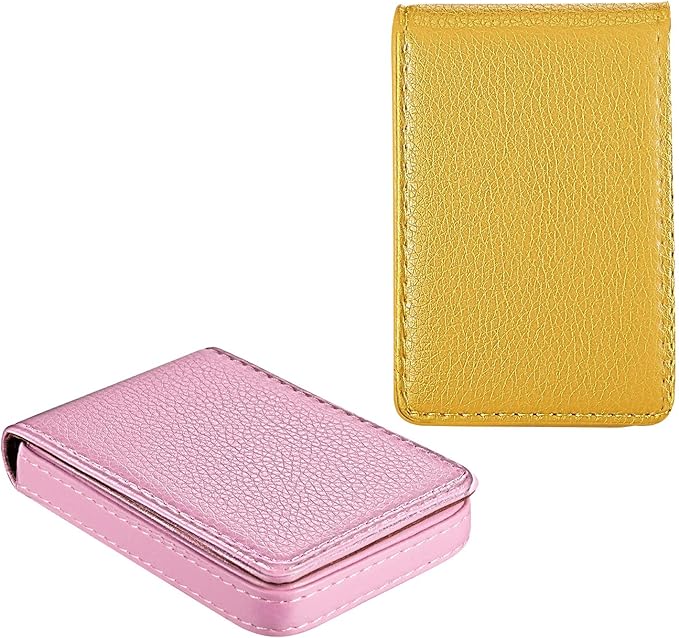 Outus 2 Pieces Business Card Holder, PU Leather Business Card Case Pocket Wallet with Magnetic Shut for Christmas Gift Men Women(Yellow and Pink,Classic)