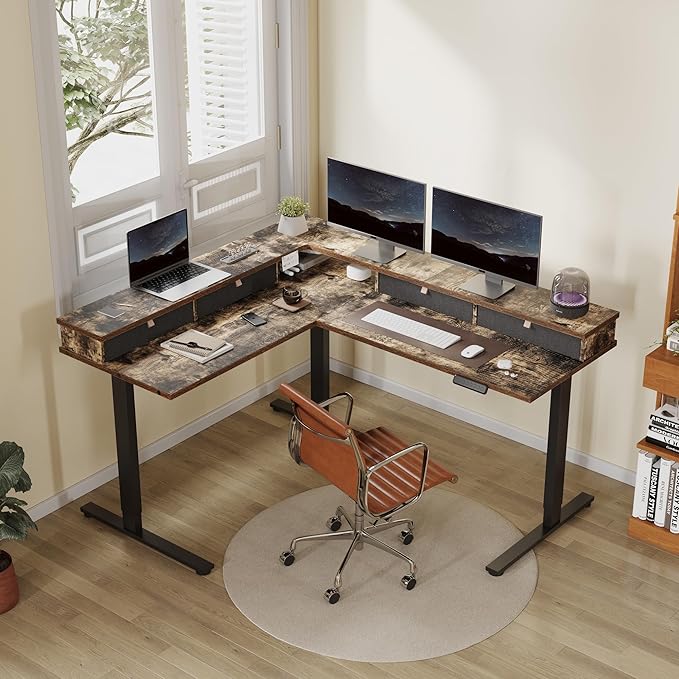 FLEXISPOT 63" L Shaped Standing Desk Electric Corner Table with Shelf, 4 Storage Drawers, Adjustable Computer Workstation for Home, Office, Game, Studio, Rustic Brown Top + Black Frame