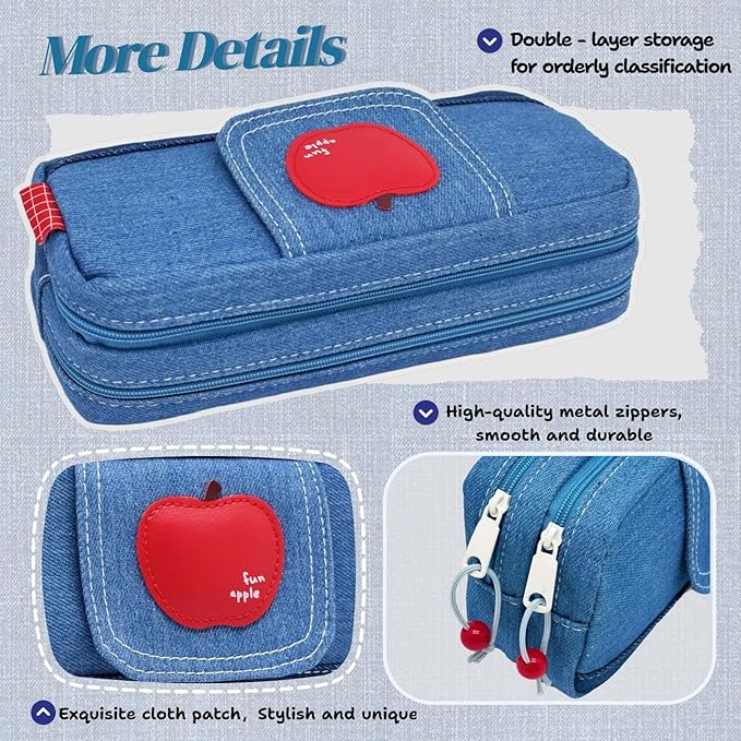 Haumei Canvas Pencil Case Large Capacity, Big Denim Pen Pouch with Zipper, Cute Durable Portable Stationary Storage Bag Organizer for Adults Women, Light Blue, Apple