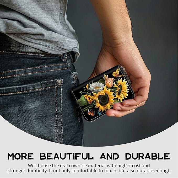 BWEGRHE Cute Credit Card Holder with Zipper, Sunflowers Butterfly RFID-Blocking Card Case Small Wallet for Women Men, Multi-slot Card Organizer Case Travel Accordion Wallet
