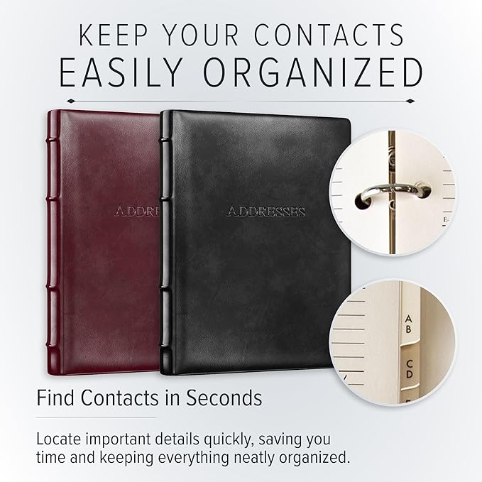 Gallery Leather Large Address Book with Alphabetical Tabs up to 480 records, Leather Notebook Hardcover, Telephone and Address Books - 9x7, Desk Address, Acadia Burgundy