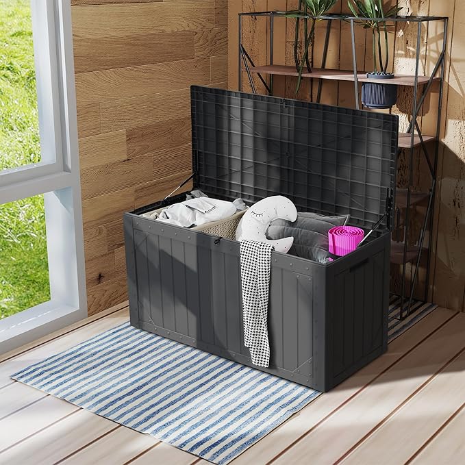 PATIOEASY 100 Gallon Waterproof Large Resin Deck Box，Storage Box for Patio Cushions(Grey)