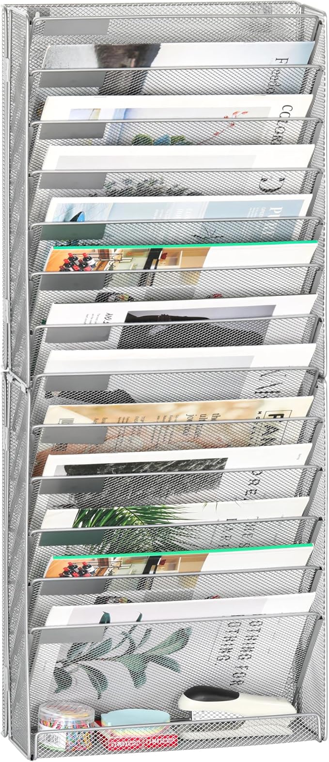 EasyPAG Wall File Holder 14 Tier Mesh Hanging Folder Organizer with Flat Tray Wall Mounted Mail Organizer Magazine Paper Desk Shelf with Nametag Label for Office Home School, Silver