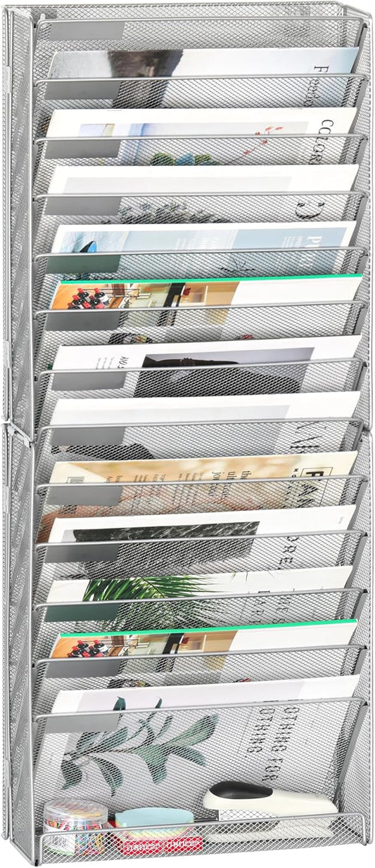 EasyPAG Wall File Holder 14 Tier Mesh Hanging Folder Organizer with Flat Tray Wall Mounted Mail Organizer Magazine Paper Desk Shelf with Nametag Label for Office Home School, Silver