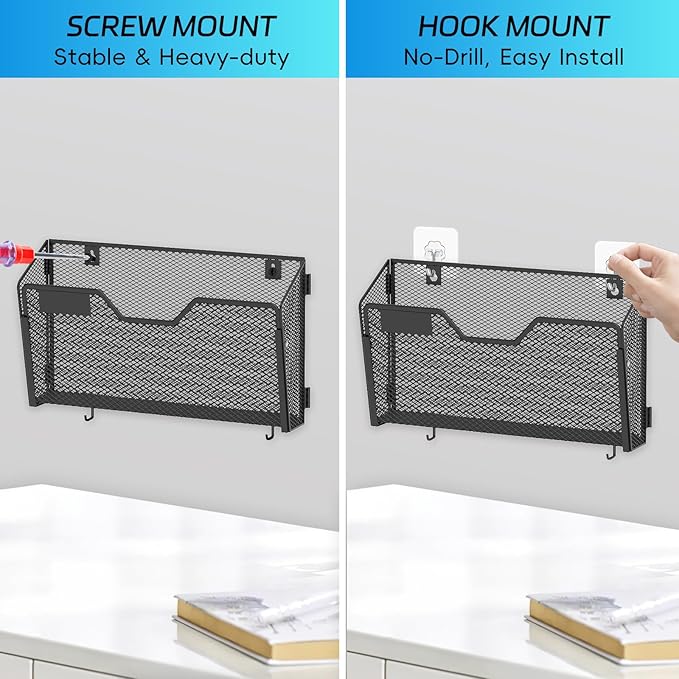 SUPEASY 6 Single Mail Organizer Wall Mounted, Wall File Organizer, Hanging File Organizer with Hooks, Mail Oganizer Binder Holder for Home Office (with 14 Adhesive Hooks)