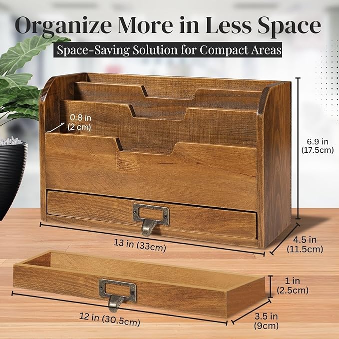 Flexzion 3 Tier Wooden Desk Organizer - Country Rustic Compartments Slot File Tray Pencil Sorter Shelf Holder Supplies Rack Accessories Set with Storage Drawer for Desktop Tabletop Office Home Brown