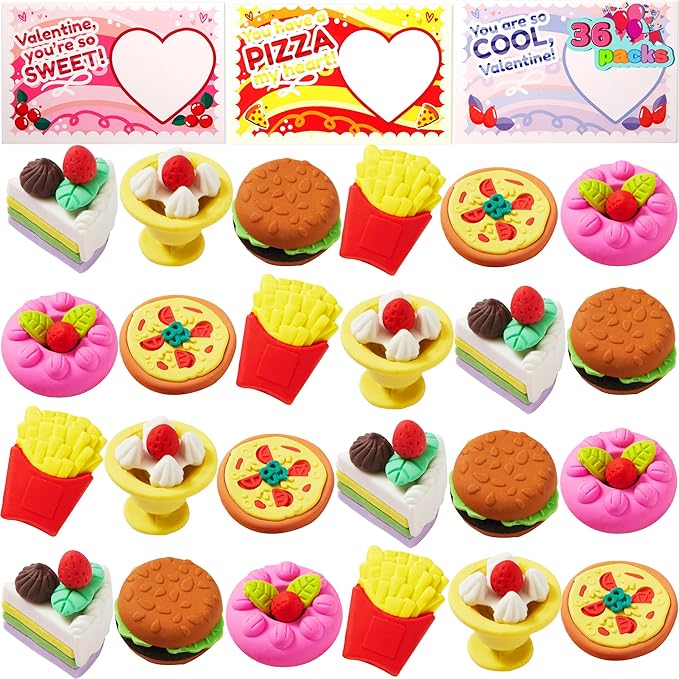 JOYIN 36 PCS Valentines Day Gift Cards with 3D Dessert Erasers for Kid Classroom Cards, Party Favor Toy Card Party Favor, Classroom Prize Supplies, Valentine’s Greeting Cards