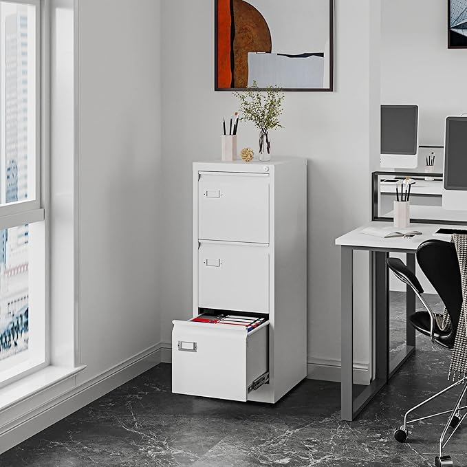 Fesbos 3 Drawers Vertical File Cabinets - 17.8" Deep Lockable Filing Cabinet - White Metal Storage Cabinets for Home Office to Hanging Files Letter/Legal/F4/A4 Size