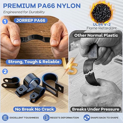 JORREP 322PCS Black Cable Clips R-Type Nylon Wire Clips Assortment Kit 6 Sizes 3/16" 1/4" 3/8" 1/2" 3/4" 1" Cable Clamps with M4 Screws for Wire Managemen, Office, Garage