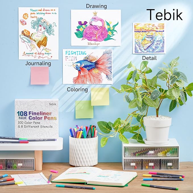 Tebik 108 Pack Planner Colored Pens, 100 Assorted Colors Drawing Pens with 8 Different Stencils, Perfect for Dotted Journal Planner Writing Note Calendar Coloring Office School Supplies