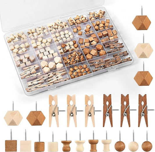 GOOLADA 200Pcs Wood Push Pins 7 Types and 2 Colors Wood Tacks Cute Push Pin Thumb Tacks for Decorative Wooden Push Pins for Cork Board Cute Pushpins for Bulletin Board Prayer Board Supplies for Women