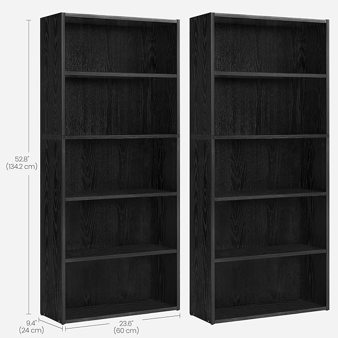 VASAGLE Set of 2 Bookshelves, 23.6 Inches Wide, 5-Tier Open Bookcases with Adjustable Storage Shelves, Floor Standing Units, Ebony Black ULBC165T56-2