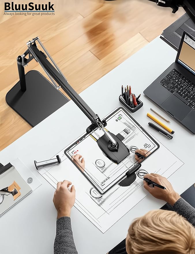 BluuSuuk Tablet Floor Stand with 11lb Stable Base - Adjustable Height Stretchable Arm Swivel Holder Mount, Compatible with iPad Pro Air Mini 12.9/9.7, Kindle, Galaxy Tab, Cell Phones (4.7''-13'')