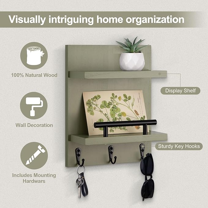 Lucundm Key Holder Wall Mount, Mail Shelf Decor with 3 Key Hooks, Versatile Wood Wall Organizer for Entryway Hallway (8.2” x 10.6”x 3.6”) (Sage Green)