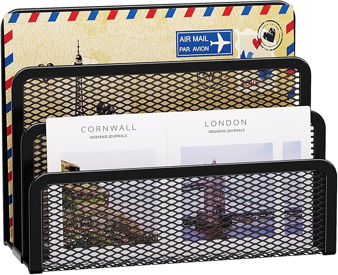 Marbrasse Mail Organizer for Desk, 3-Slot Mesh Metal Mail Holder countertop, Letter Holder, Office Desktop Envelope and Document Storage Rack (Black)