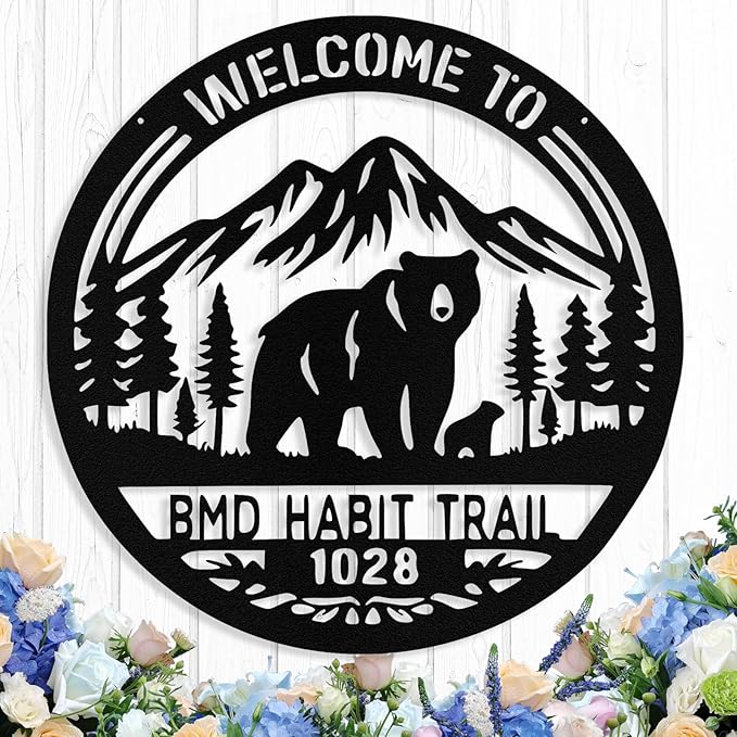 Custom Bear Metal Sign, Personalized Metal Address Signs Plague for Houses, Personalized Last Name Welcome Signs for Home, Rustic Farmhouse Home Porch Yard Decor