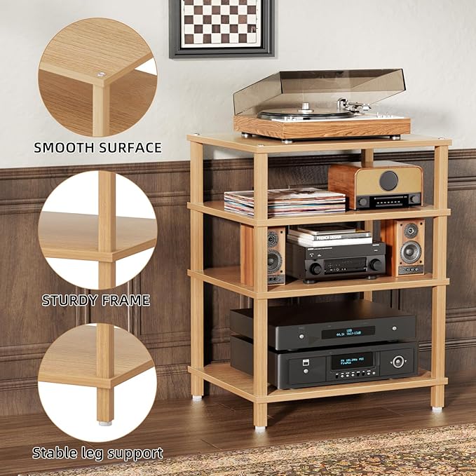 LELELINKY 4-Tier AV Media Player Stand Set of 2, Natural Stereo Cabinet, Wooden TV Stand,Game Console Shelf, Multifunctional Entertainment Center, Suitable for Home, Conference Room, Game Studio
