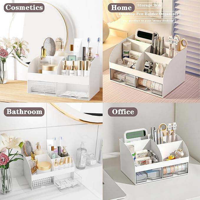 COMFYROOM Desk Accessories with Pen Holder, Office Supplies Desk Organizers and Accessories, Tape Dispenser, Stapler, Staple Remover, Staples, Clips Set, Ruler, Scissor, Pen, Tape (White)