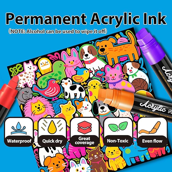 MEHVOR Acrylic Paint Markers, 5 Vibrant Colors Poster Markers Jumbo 15mm Wide Tip Permanent Ink 36g, Thick Acrylic paint pens for Poster, Glass, Rock Painting, Stone, Wood, Car, Ceramic, Fabric
