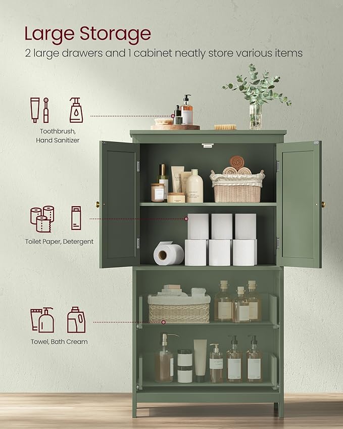 VASAGLE Floor Storage Cabinet, Freestanding Storage Unit with 2 Drawers and 2 Doors, Adjustable Shelf, 11.8 x 23.6 x 43.3 Inches, for Entryway, Bathroom, Forest Green UBBC551C01