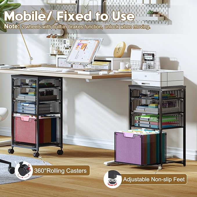 Sbanmao Rolling File Cart with 4 Storage Drawers, Filing Cabinet for Home Office, Hanging File Folder Organizer with Wheels Under Desk, Utility Craft Cart Printer Stand, Black, Patent Pending