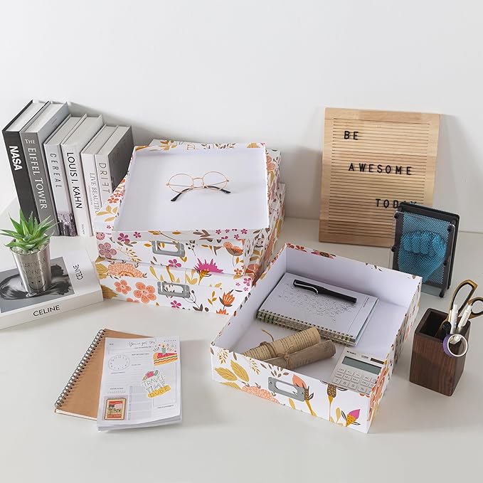 Soul & Lane Floral Collage Decorative Cardboard Boxes with Lids, Set of 3 Memory Boxes for Keepsakes and Photos, Letter Storage for Documents, Scrapbooks, Organizing