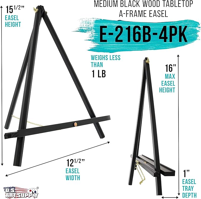 U.S. Art Supply 16" Black Wood Tabletop Easel (4 Pack) - Adjustable A-Frame Canvas Stand for Painting Party & Signs - Table Top Easel for Painting, Canvas Holder, Crafts, Photos, Pictures