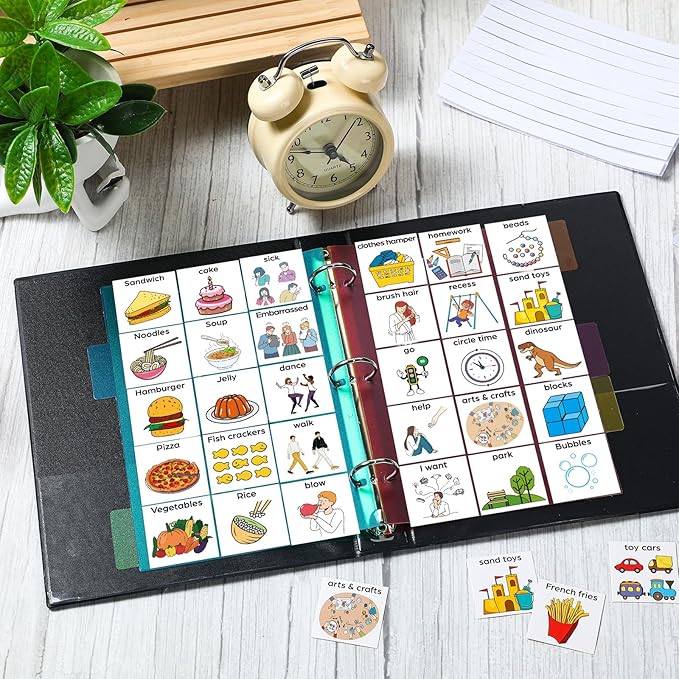 Communication Book Bulk 162 Laminate Icon Picture Cards with 5 Multicolor Dividers 1 Sentence Strip for Autism Vocabulary Language Speech Articulation Learning Supplies(Cartoon)
