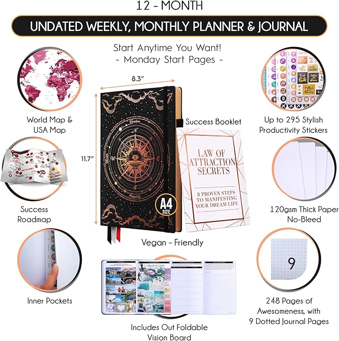 Life Planner - Undated Weekly & Monthly Planner, 12-Month Journey to Increase Productivity | Gratitude Journal, Life Organizer & Goal Journal | Include Foldable Vision Board, Habit Tracker & Stickers