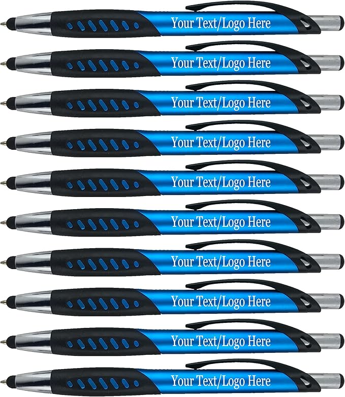 Personalized Pens With Custom Logo or Text-350 Pack Bulk-for Businesses, Parties, and Events, 2 in 1 Ballpoint Pen & Capacitive Stylus for Touchscreen Devices, Click Action, Black Ink, Light Blue