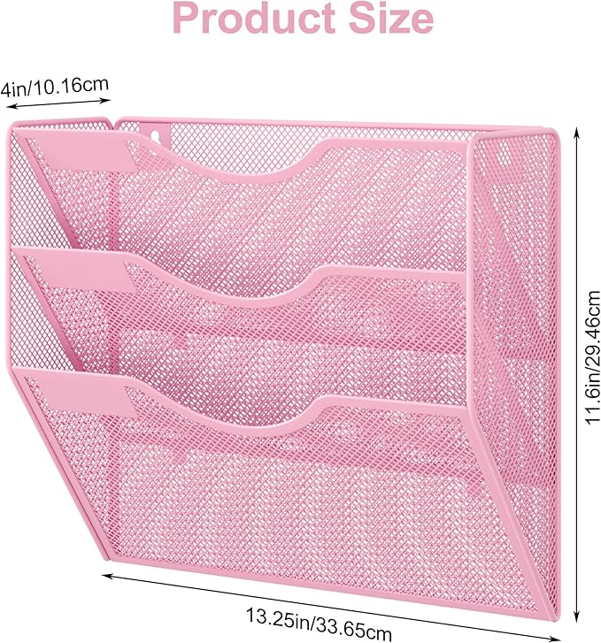 EasyPAG 3 Pocket Mesh Wall File Organizer, Hanging Paper Folder Holder with Classify Label, Vertical Wall Mount Mail Organizer for Office Home Classroom, Pink